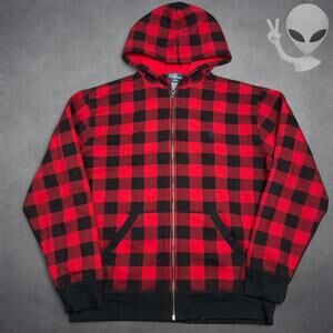 Polo Ralph Lauren Hoodie Small Red Black Buffalo Plaid Full Zip Vintage 90s